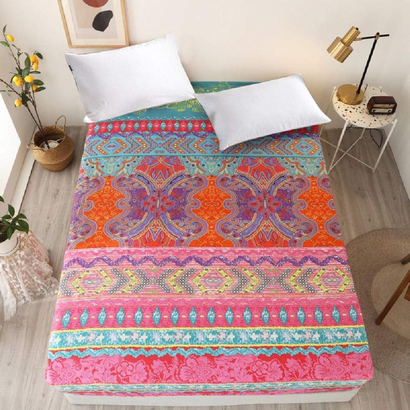 NATURETY Bedding Fitted Sheet with Deep Pocket,Bohemian Printed Soft Fabric Bed Bottom Sheets (Red(Boho), Twin) - Image 1